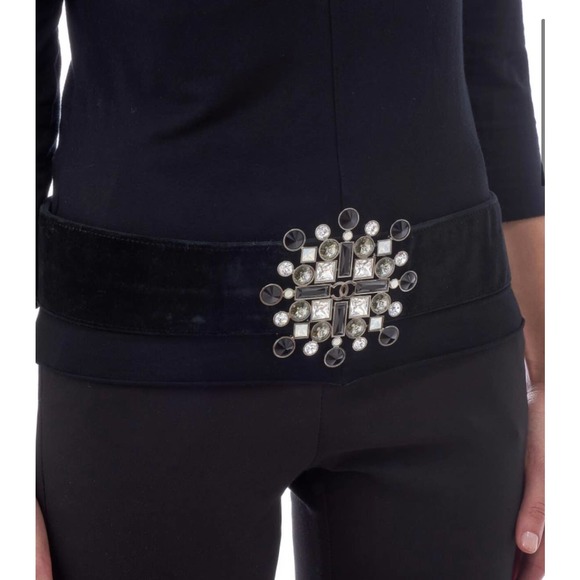 CHANEL black velvet wide Pastae belt large crystal buckle 06 rare 36 90